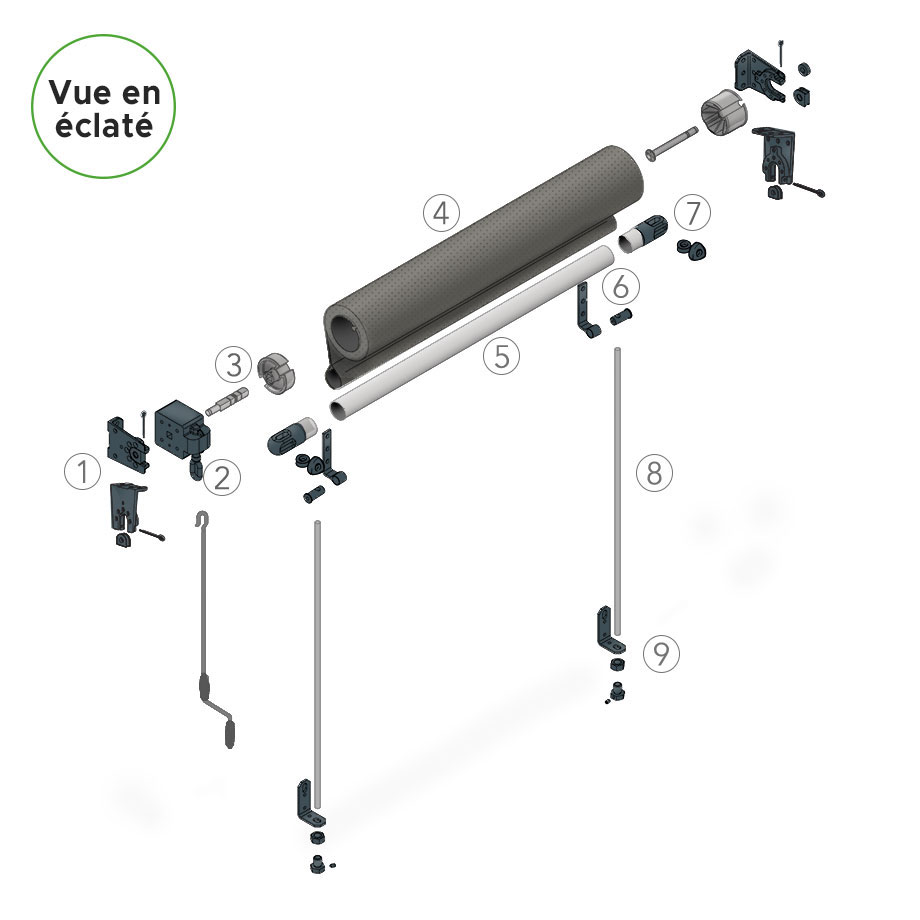 Schéma numéroté du Store Screen Vertical à Guide en vue éclatée