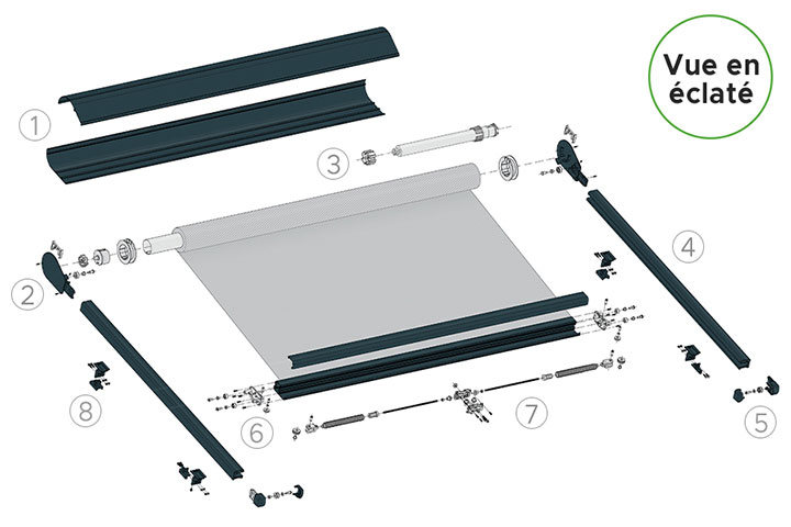 Schéma numéroté du  Store de Toiture WINSOL pour Pergola et Véranda en vue éclatée