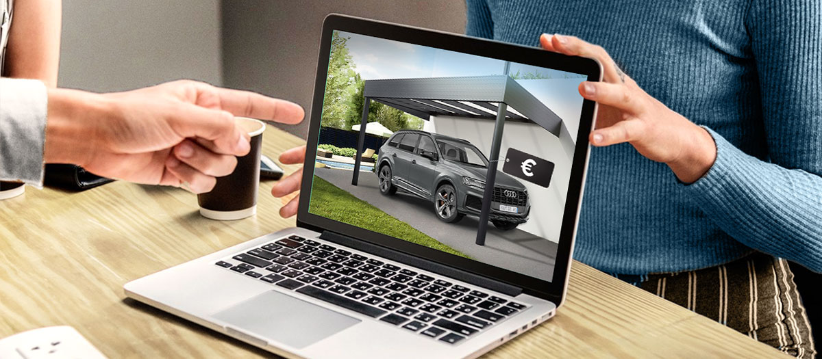 Photo d'une personne choisissant un Carport Aluminium NEOLINE dans un bureau