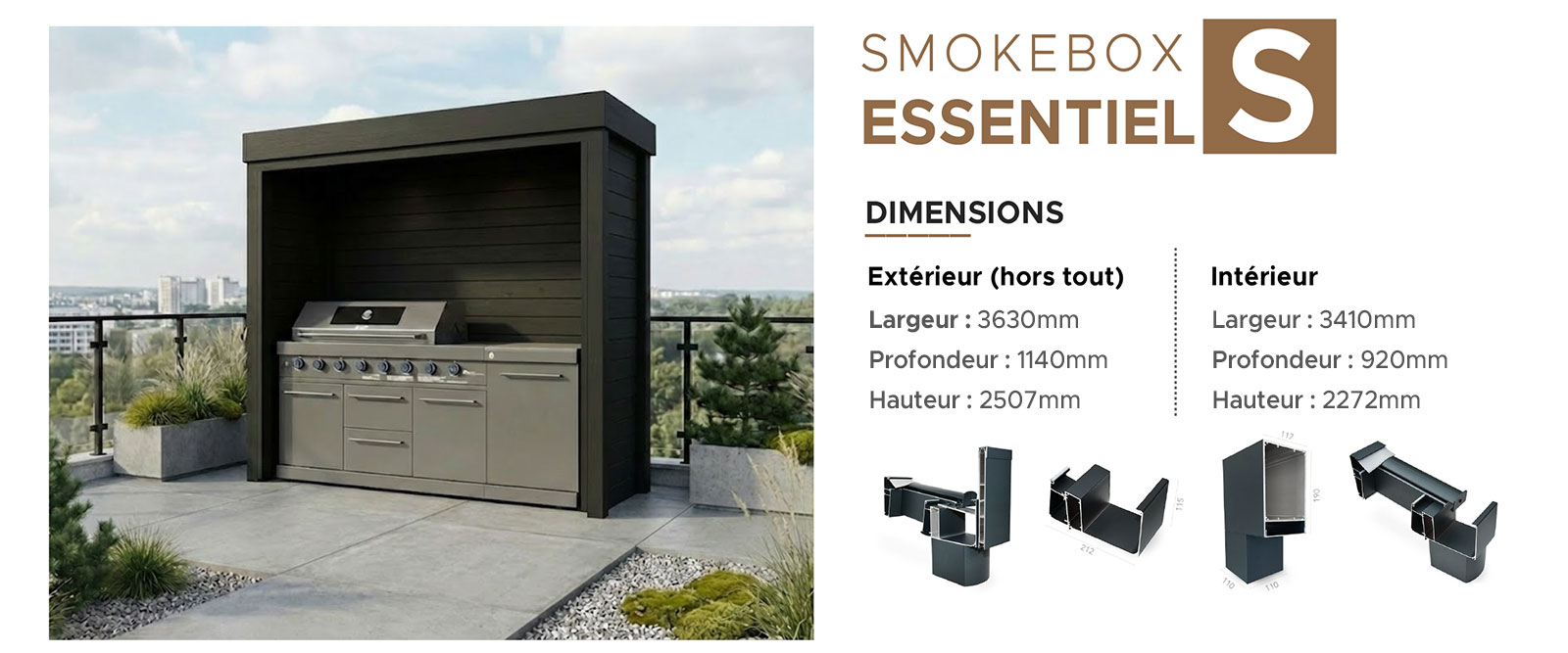 Diagram and dimensions of the SMOKEBOX S Outdoor Kitchen