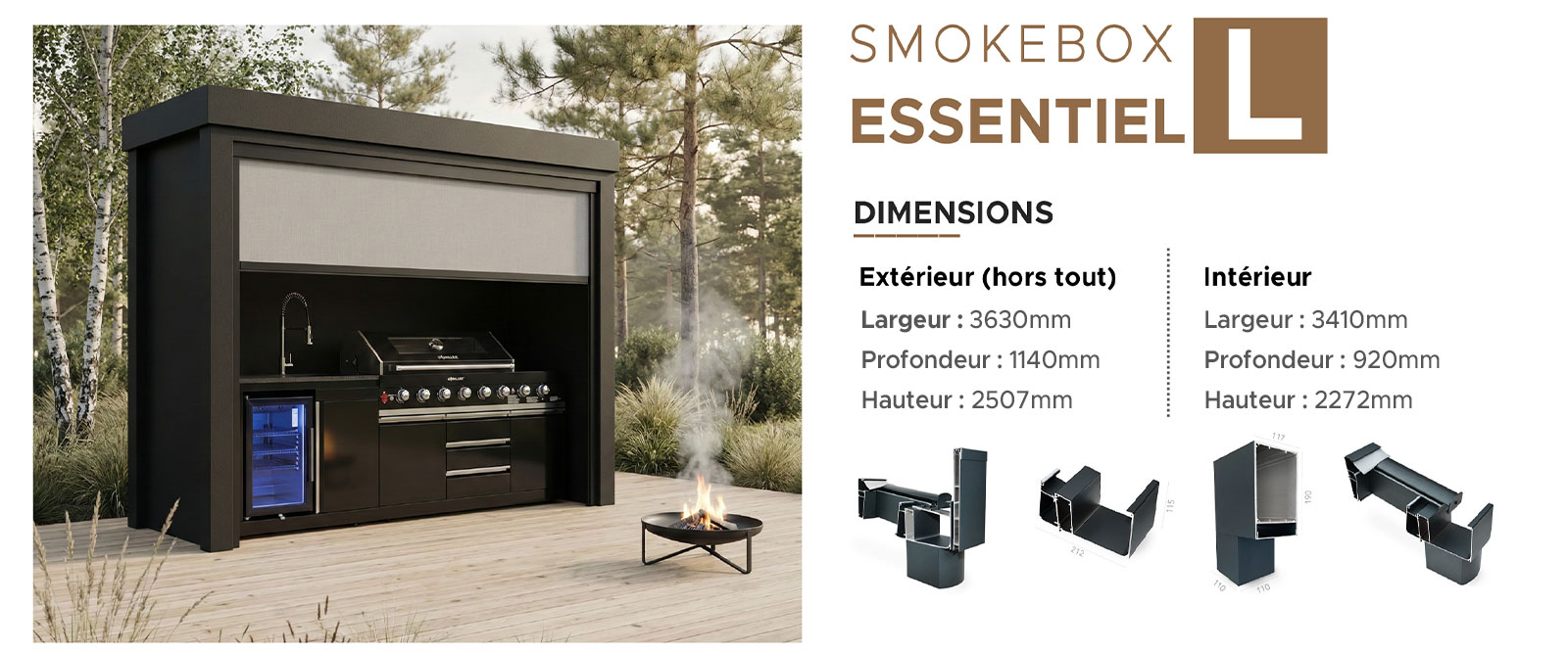 Diagram and dimensions of the SMOKEBOX L Outdoor Kitchen