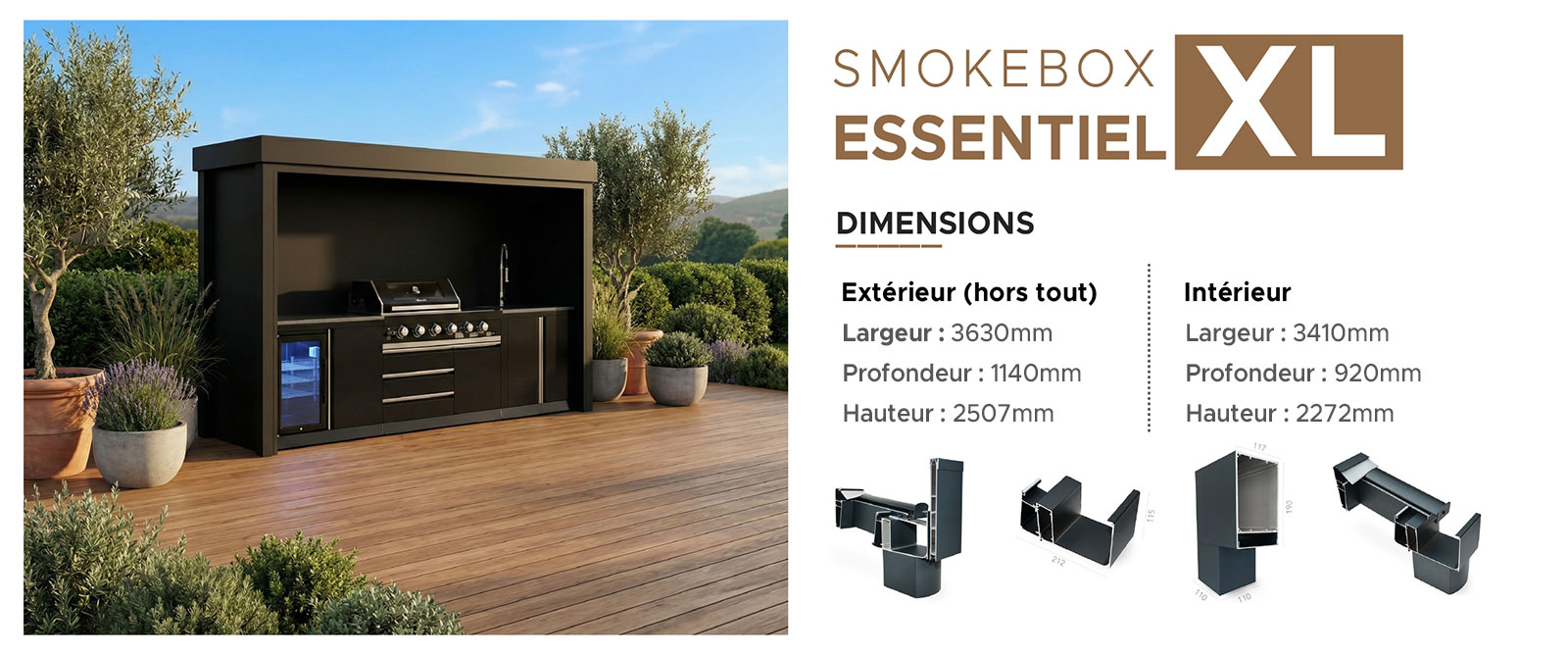 Diagram and dimensions of the SMOKEBOX XL Outdoor Kitchen