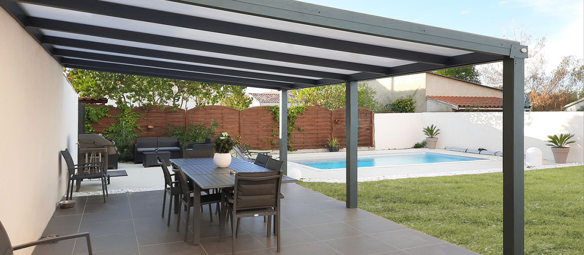 Photo d'une toiture Pergola Aluminium CLIMALUX avec une piscine